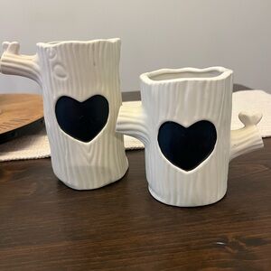 White Ceramic Tree Trunk vases with Heart Cutouts